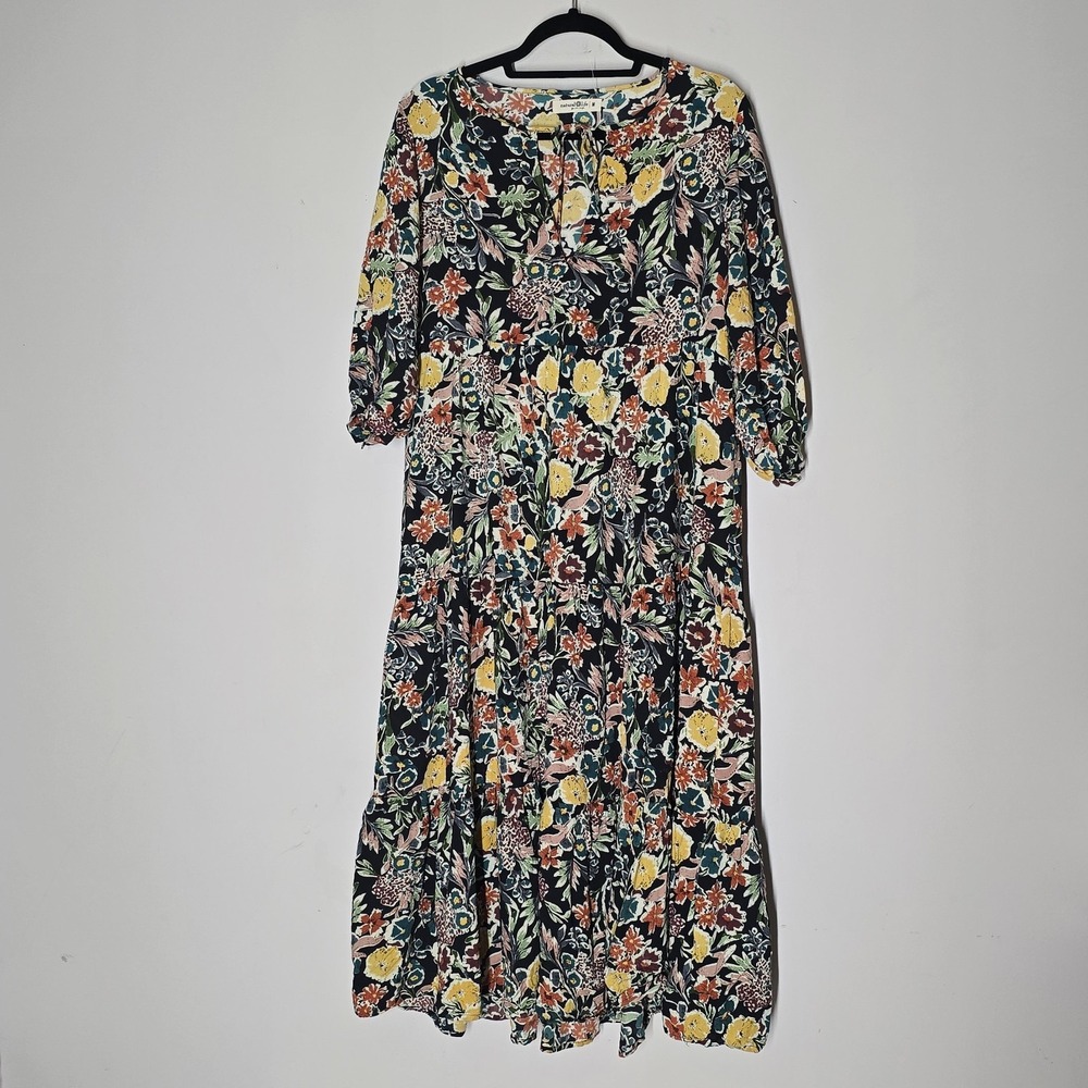 Natural Life Floral Boho Midi Maxi Dress Rayon Tie Neck 3/4 Sleeve Womens M